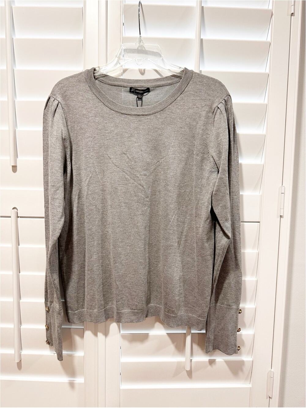 New Adrianna Papell Pleated Puff Sleeve Sweater Heather Gray Large Button Cuff